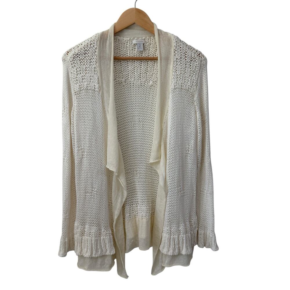 Chico's Crochet Knit Open Cream Waterfall Cardigan Sz L 2 Cotton Old Money Work